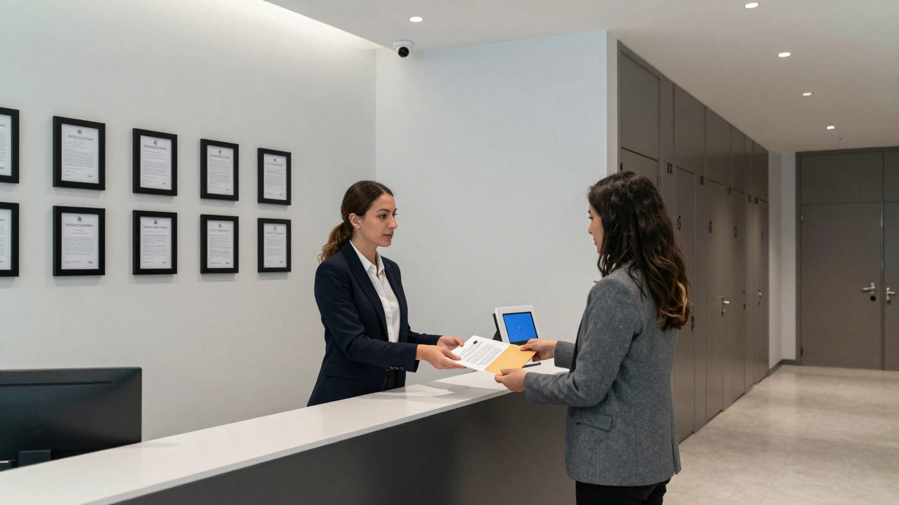 A professional woman handing a contract to a client in a discreet Dubai agency office with modern, minimalist decor.